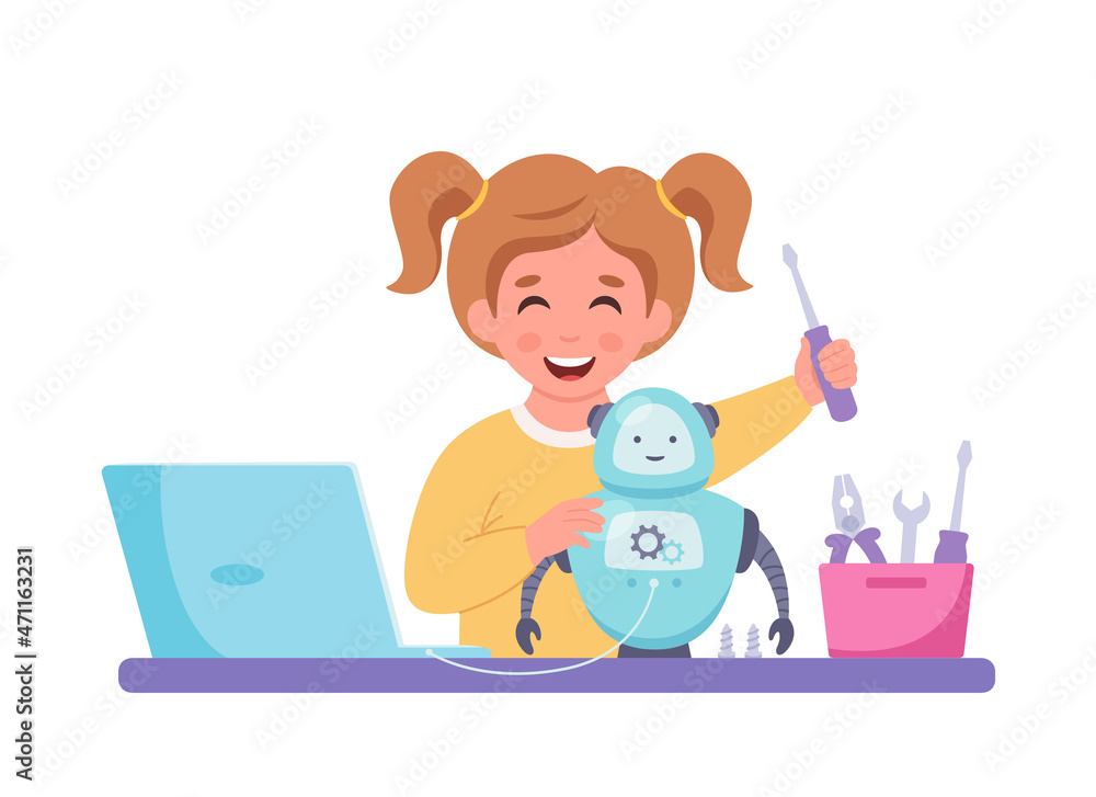 Little girl building a robot. Robotics, programming and engineering for kids. Vector illustration Little girl building a robot. Robotics, programming and engineering for kids. Vector illustration