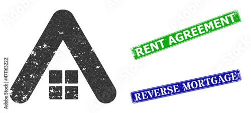 Grunge home roof icon and rectangular rubber Rent Agreement seal. Vector green Rent Agreement and blue Reverse Mortgage seals with grunge rubber texture, designed for home roof illustration.