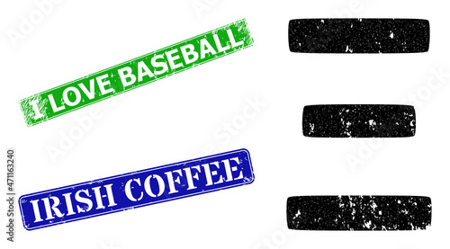 Grunge Xi Greek symbol icon and rectangle dirty I Love Baseball stamp. Vector green I Love Baseball and blue Irish Coffee watermarks with grunge rubber texture,