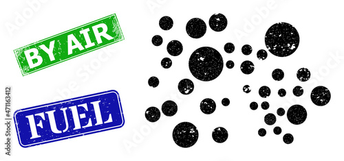 Grunge bubble cluster icon and rectangle corroded By Air stamp. Vector green By Air and blue Fuel seals with corroded rubber texture, designed for bubble cluster illustration.