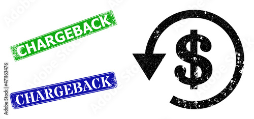 Grunge dollar refund icon and rectangular rubber Chargeback stamp. Vector green Chargeback and blue Chargeback seals with grunge rubber texture, designed for dollar refund illustration.