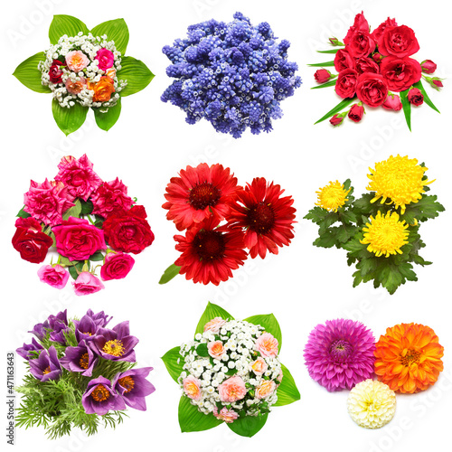 Collection of bouquets flowers chrysanthemum, hosta, yarrow, muscari, lily, rose, gaillardia, dahlia and pulsatilla patens isolated on white background