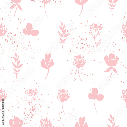 Watercolor pink seamless pattern wildflowers. Hand drawn Floral elements with pink splush. For birthday, wedding card, invitation, greeting, mother day, linen, wrapping paper, wallpaper, textile.