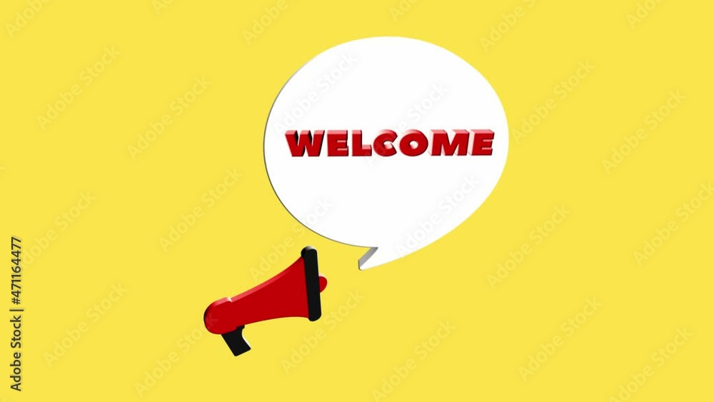 3d realistic style megaphone icon with text Welcome isolated on yellow background. Megaphone with speech bubble and welcome text on flat design. 4K video motion graphic 3d realistic style megaphone icon with text Welcome isolated on yellow background. Megaphone with speech bubble and welcome text on flat design. 4K video motion graphic