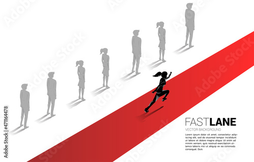 businesswoman running on fast lane is move faster than group on queue. Business Concept of fast lane for moving and disruption.