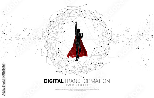 Silhouette of man in superhero suit flying with Polygon dot connect line shaped sphere . Concept for business digital transformation