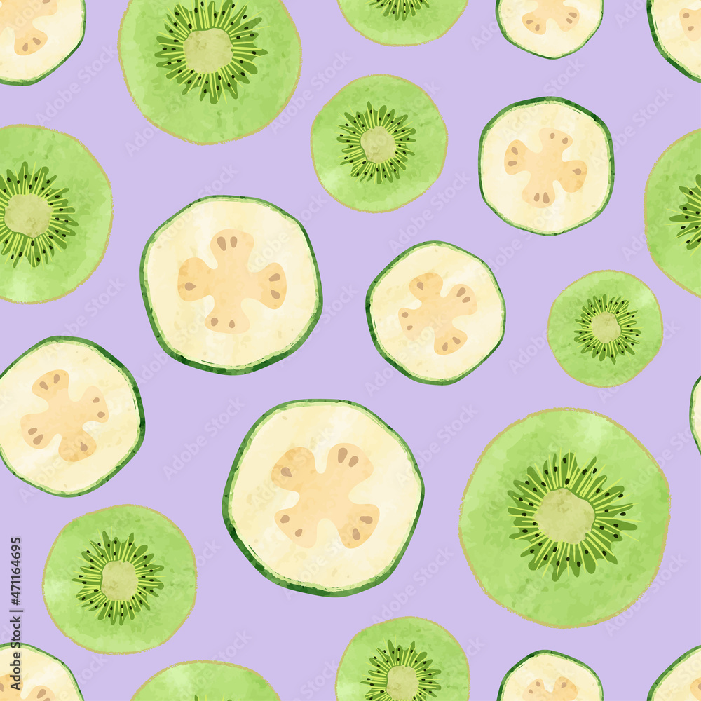 Fototapeta premium Seamless tropical fruit pattern with watercolor kiwi and feijoa slices.