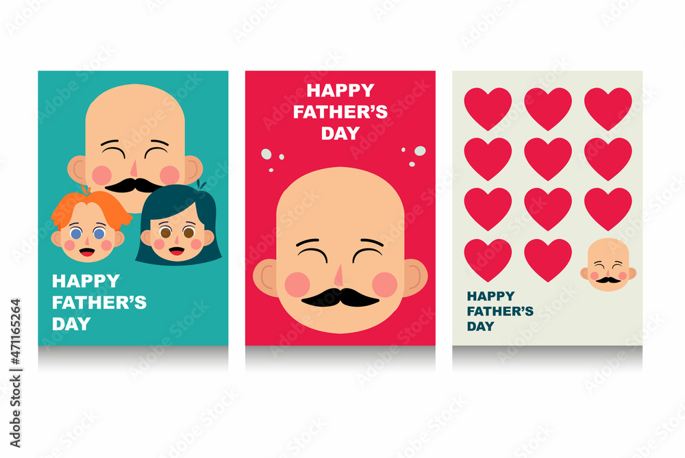 Set of greeting card Happy Father's Day and characters of father, dauther and son on background. Set of flat backgrounds for social media, stories, banners, invitation card, poster, greeting card. Set of greeting card Happy Father's Day and characters of father, dauther and son on background. Set of flat backgrounds for social media, stories, banners, invitation card, poster, greeting card.
