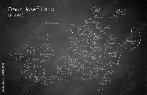 Franz Josef Land map, separates regions and names, design card blackboard, chalkboard vector