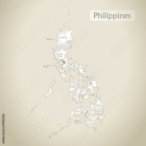 Philippines map  administrative division with names  old paper background vector
