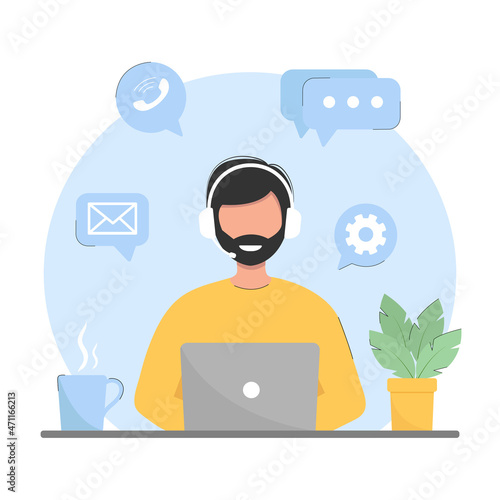 Man with headphones and laptop flat vector illustration. Concept illustration for support, assistance, call center.