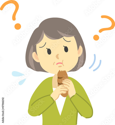イラスト素材:体調不良シリーズ　白髪の年配の女性が食事をした時に味覚障害を疑う姿

