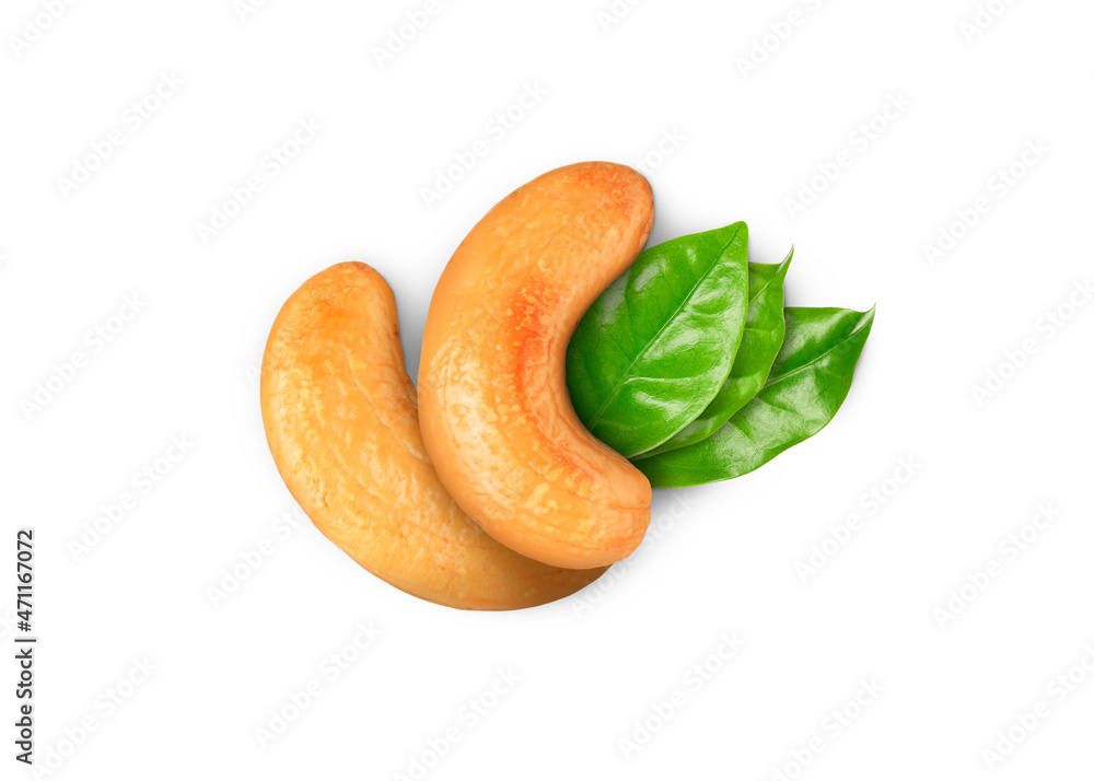 Tasty cashew nuts and fresh green leaves on white background , top view Tasty cashew nuts and fresh green leaves on white background , top view