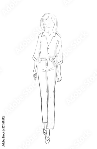 Fashion sketch. Model wearing stylish clothes on white background, illustration
