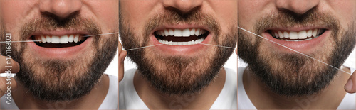 Collage with photos of man using dental floss  closeup. Step by step instructions