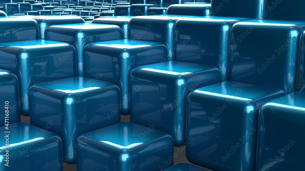 Obraz premium Abstract background with waves made of a lot of blue cubes geometry primitive forms that goes up and down under black-white lighting. 3D illustration. 3D CG. High resolution.