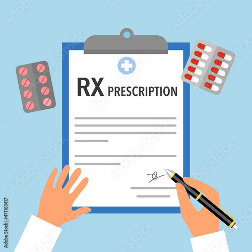 Doctor writing medical RX prescription form with medicine in flat design.