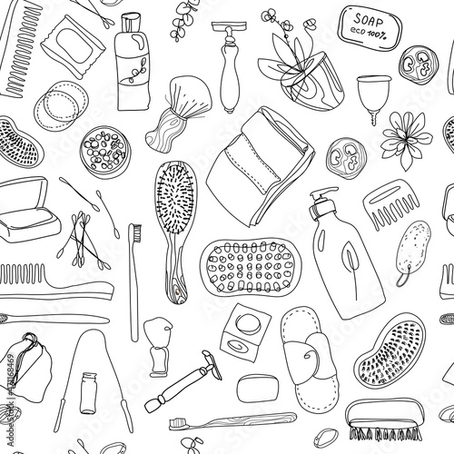 Zero waste seamless vector pattern. Hand-drawn collection personal hygiene items of woman and man. Contour doodle style isolated on white background. Go green concept. Eco friendly bathroom.