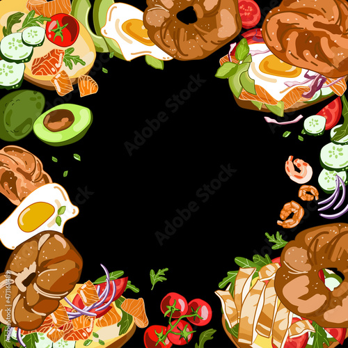 Bagel sandwich frame.Healthy breakfast Bagels with variations of toppings, salmon, egg, chicken,avocado and vegetables,hand drawing in realistic cartoon style,black background.Vector food illustration
