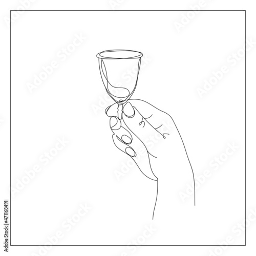 Eco friendly menstrual cup. Female hand holding menstrual cup, hand drawing in outline, single line style. Eco protection for woman on critical days. Vector illustration isolated on white background.