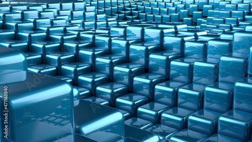 Abstract background with waves made of a lot of blue cubes geometry primitive forms that goes up and down under black-white lighting. 3D illustration. 3D CG. High resolution.