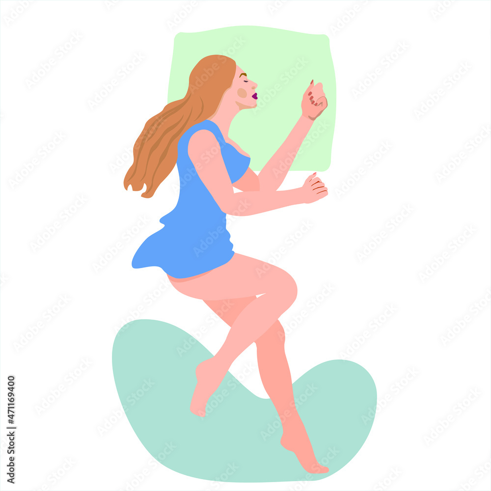 Beautiful young woman sleeping in bed without a blanket. Female cartoon character lying in a comfortable poseon the side. Top view. Vector illustration in flat style. Beautiful young woman sleeping in bed without a blanket. Female cartoon character lying in a comfortable poseon the side. Top view. Vector illustration in flat style.