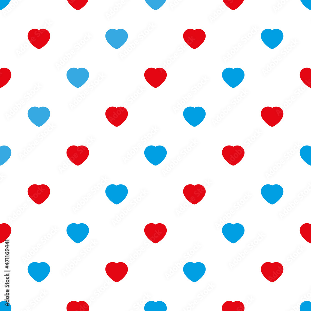 Seamless pattern with red and blue hearts on white background