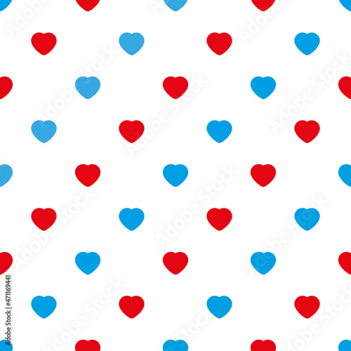 Seamless pattern with red and blue hearts on white background