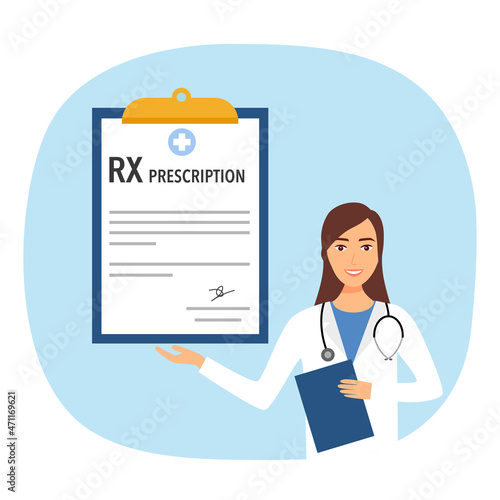 Female doctor showing medical RX prescription form in flat design.
