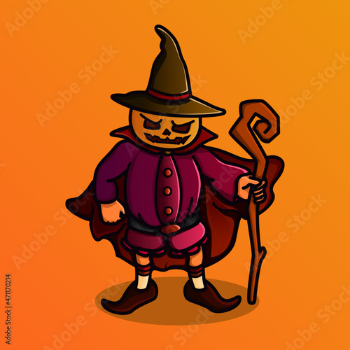 evil pumpkin witch mascot character design carrying a magic wand