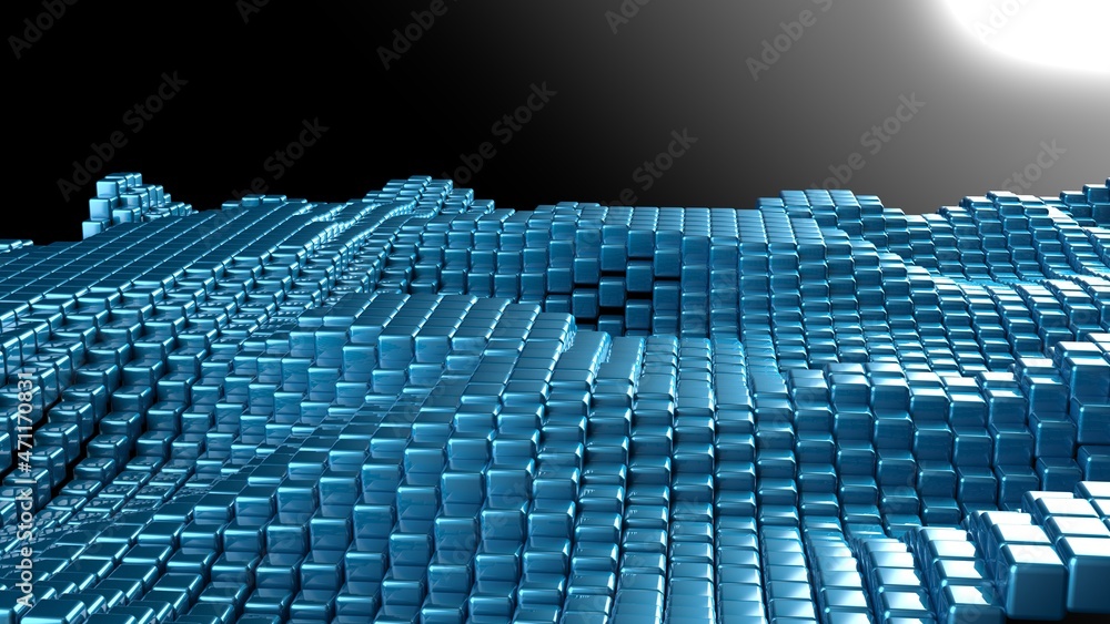 Obraz premium Abstract background with waves made of a lot of blue cubes geometry primitive forms that goes up and down under black-white lighting. 3D illustration. 3D CG. High resolution.