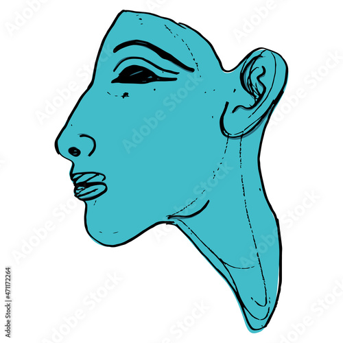 Head in profile of ancient Egyptian pharaoh Akhenaten. Amarna relief. Hand drawn colorful rough sketch.