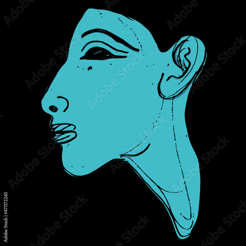 Head in profile of ancient Egyptian pharaoh Akhenaten. Amarna relief. Hand drawn colorful rough sketch. On black background.