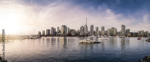 Panoramic View of Modern Downtown Cityscape. Sunset Sky Art Render. Beach in False Creek, Vancouver, British Columbia, Canada.