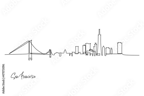 Single line drawing of San Francisco USA skyline. Town and buildings landscape model. Best holiday destination wall decor art. Editable trendy continuous line draw design vector illustration