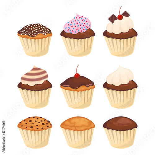 Cupcakes concept set illustration with cream and chocolate vector