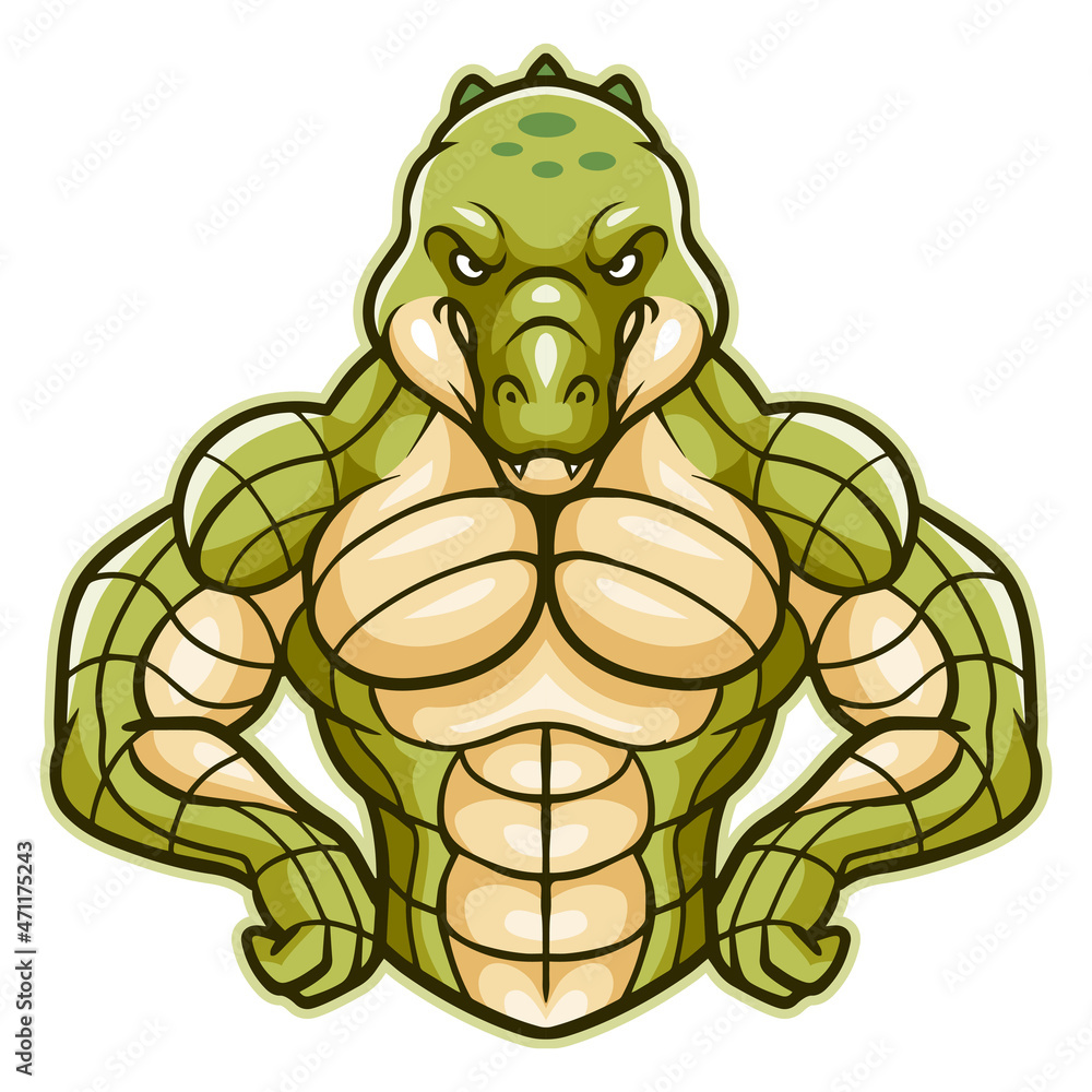 Obraz premium Cartoon crocodile mascot with muscle body