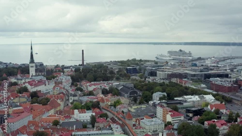 Aerial view Cityscape of Tallinn. Downtown is a city on the Baltic Sea with historic architecture, cathedrals and old houses and streets.