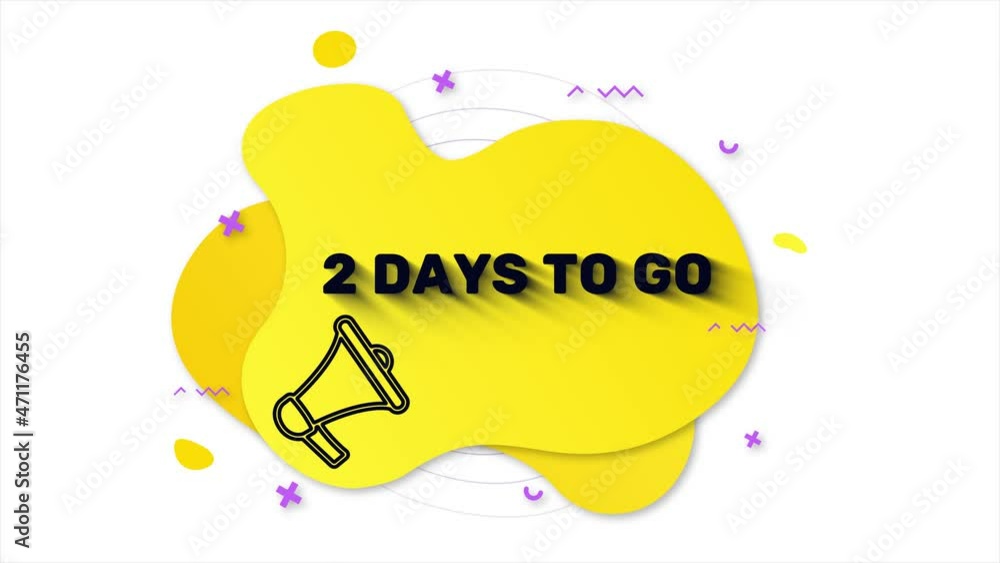 Megaphone with text 2 days to go. Memphis style banner with abstract geometric shapes on yellow background. Banner and outline round elements with megaphone. 4K video motion graphic Megaphone with text 2 days to go. Memphis style banner with abstract geometric shapes on yellow background. Banner and outline round elements with megaphone. 4K video motion graphic