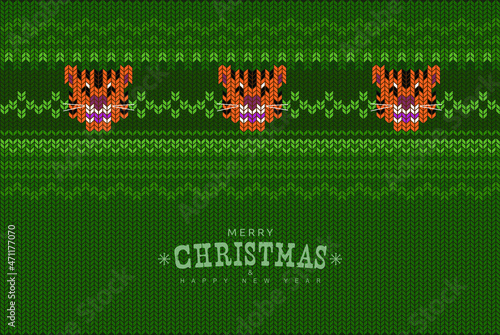 Tiger 2022, Knitted pattern with tigers. Merry Christmas. Design for greeting cards, gifts, headers, stickers, banners, packing, package bag, posters, t shirt 