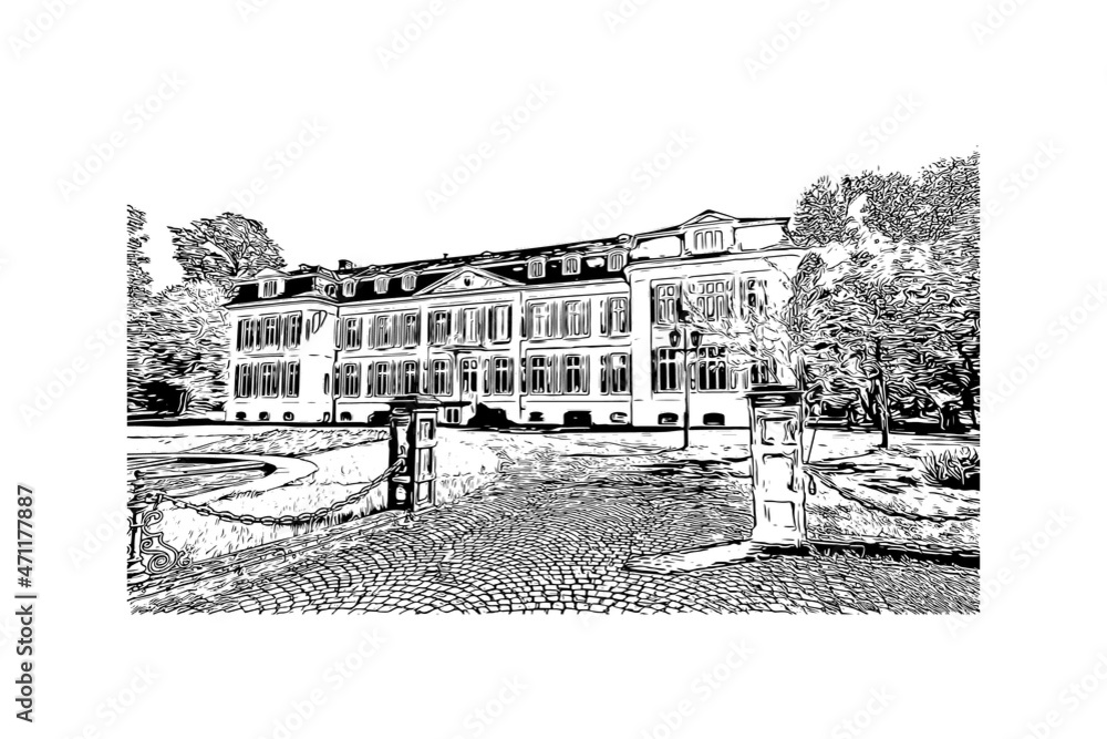 Building view with landmark of Leverkusen is the 
city in Germany. Hand drawn sketch illustration in vector.