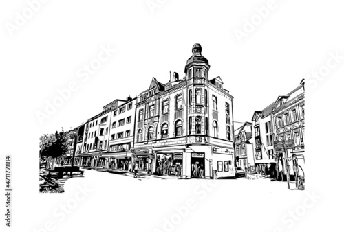 Building view with landmark of Leverkusen is the city in Germany. Hand drawn sketch illustration in vector.