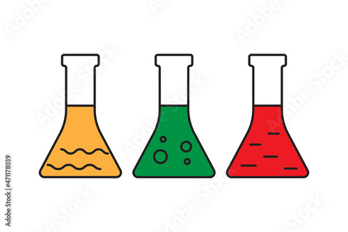 Chemical flasks icon. Conical bottle. Science emblem. Yellow, green and red elements. Vector illustration. Stock image.
