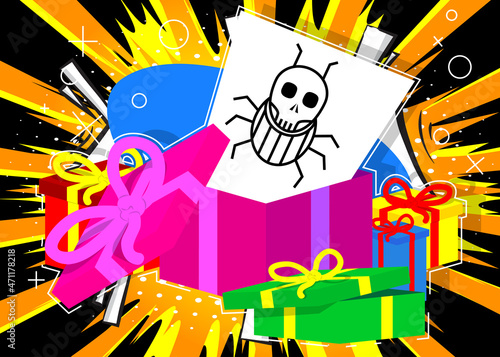 Opened gift box with white paper and Computer virus sign. Christmas, New Year or Birthday present. Trojan, online network, Internet security icon.