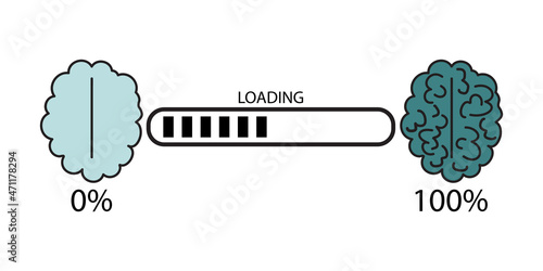 Brain loading icon. Knowledge sign. Cartoon design. Blue symbols. Creative idea. Vector illustration. Stock image.