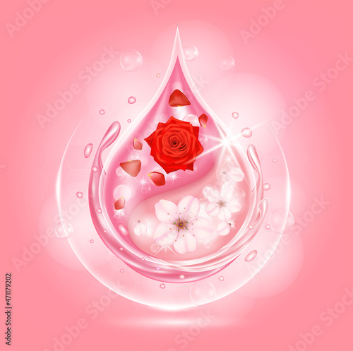 Rose sakura serum. Pink drop water vitamin and collagen organic anti aging serum flower acid natural extracts. Skin care cosmetic. Medical beauty concept. Realistic 3d vector EPS10.