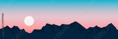 sunset flat design vector illustration good for web banner, blog banner, wallpaper, background template, adventure design, tourism poster design, backdrop design