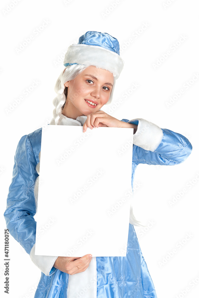 Beautiful girl in a Snow Maiden costume with a blank white poster in her hands on a white background, a template for New Year advertising Beautiful girl in a Snow Maiden costume with a blank white poster in her hands on a white background, a template for New Year advertising