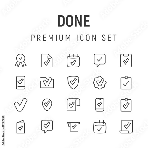 Vector set of done thin line icons.