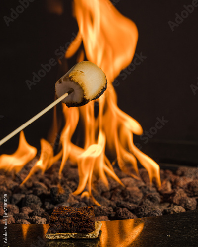 Toasting  Marshmallow on a stick in an open flame